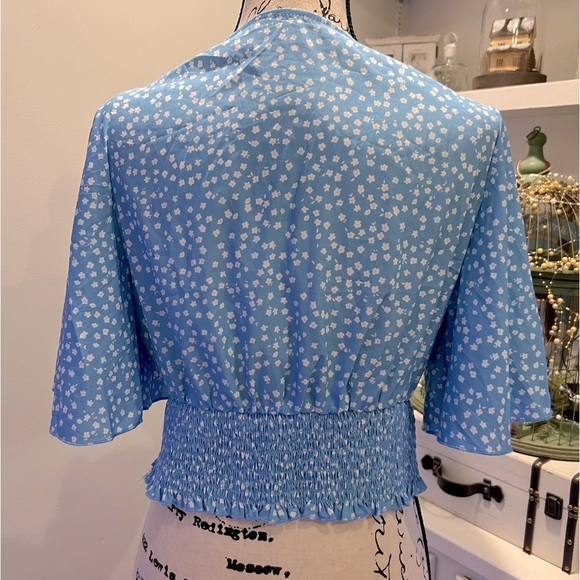 Sky Blue Patterned Surplice Smocked Waist Boho Top - Picture 5 of 5